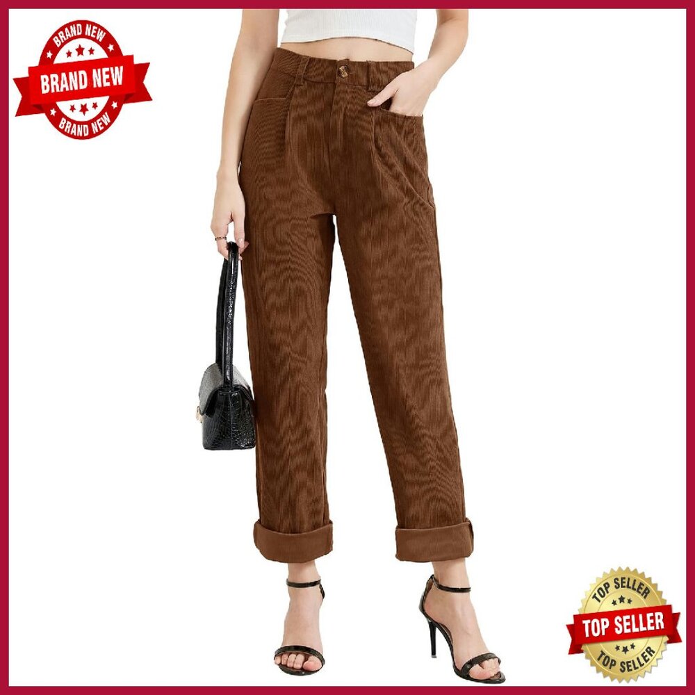 High Waisted Corduroy Pants Straight Leg Stretchy Work Trousers With Pockets